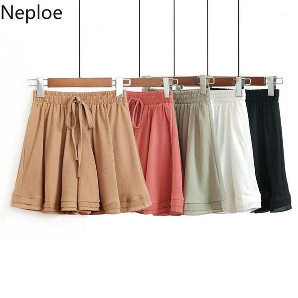 

neploe summer chiffon women shorts lace up stretch high waist bottoms korean causal solid ruffle a-line wide leg shorts 4a2841, White;black