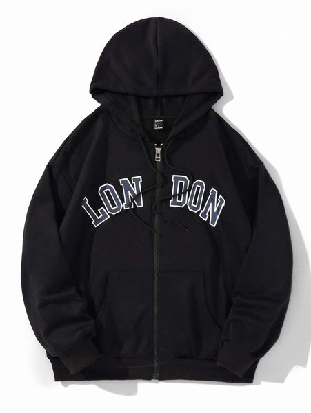 

letter graphic zip up kangaroo pocket drawstring hoodie z9f5#, White;black