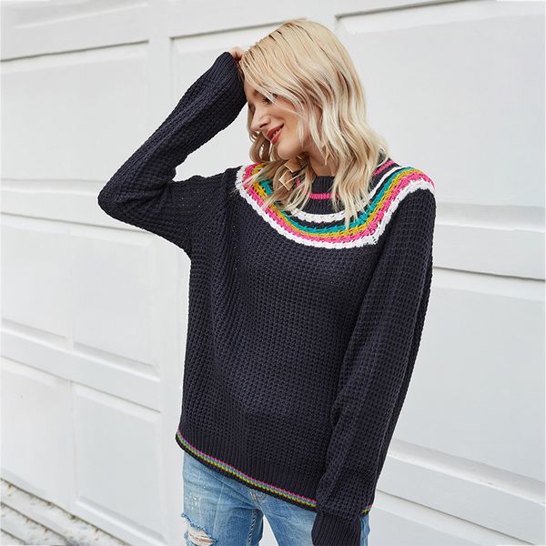 

2021 new color patchwork elegant sweater women clothes autumn long sleeve round neck chic knitted pullover casual vintage jumper vcpa, Black