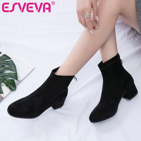 

esveva 2020 women shoes winter ankle boots princess style pointed toe flock square med heel motorcycle platform boot size 34-43, Black
