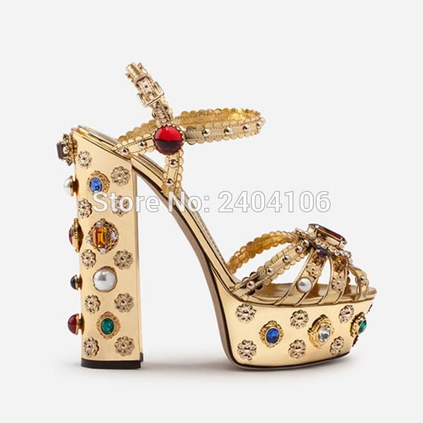 

shooegle designer luxury shoes female gold mirrored leather sandaly rivets jeweled wedding high heels platform gemstone sandals, Black