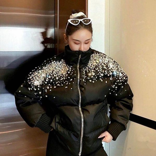 

women's down & parkas 2021 thick warm winter parka jacket women luxury diamonds beaded puffer coat high neck zipper up black bubble jac