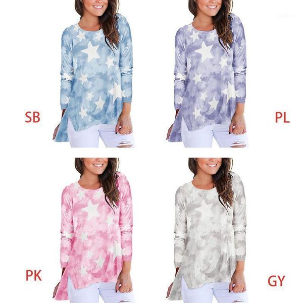 

women casual autumn shirt gradient tie-dye star print pullover tunic high long sleeve low hem side split blouse streetwear1, White