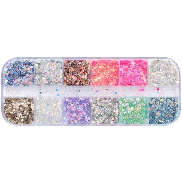 

12 compartments candy color manicure glitter sequin stickers nail art paillette chips accessories, Silver;gold