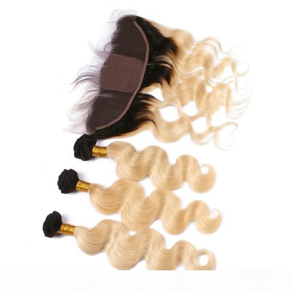 

1b 613 ombre silk base 13x4 lace frontal closure with bundles body wave blonde ombre human hair with silk lace frontal, Black