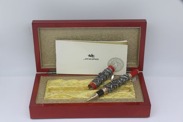 Top quatily JINHAO Colore grigio-rosso Unico doppio drago rilievo metallo penna a rullo cancelleria forniture per ufficio scolastico per la scrittura penna regalo