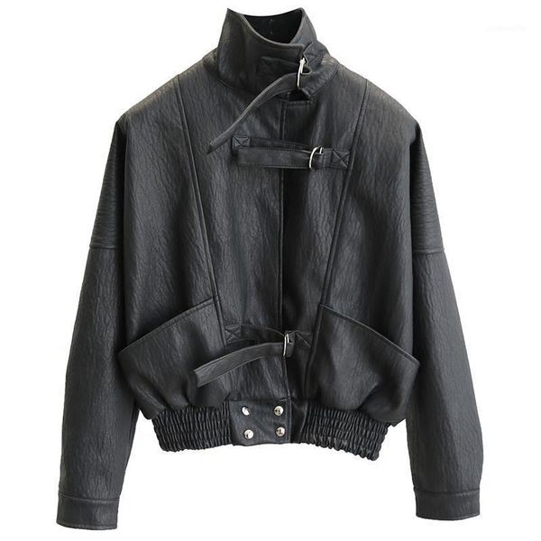 

women new harajuku faux leather jacket batwing sleeve loose biker coat casual autumn pu outwear punk bomber jackets female1, Black