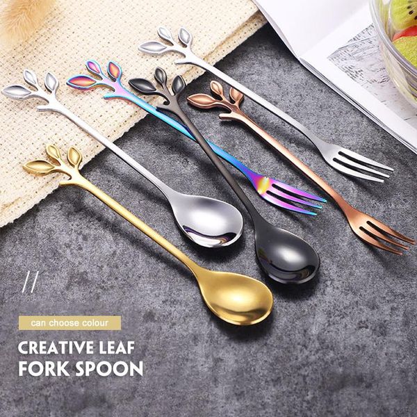 

4pcs creative branch leaves spoon fork stainless steel coffee stirring spoon fruit fork teaspoon bar tableware h jllrwv