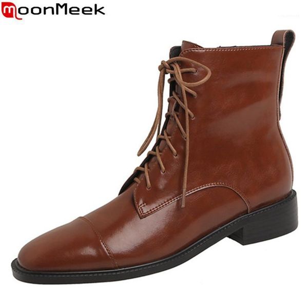 

boots moonmeek 2021 fashion ankle genuine leather low heel square toe solid color women autumn winter1, Black
