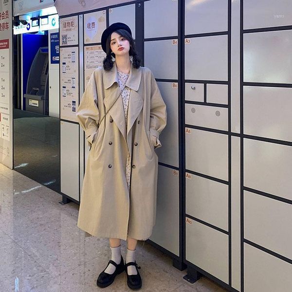 

autumn winter new korean loose medium length temperament double breasted windbreaker woman trench coats fashion streetwear 20201, Tan;black