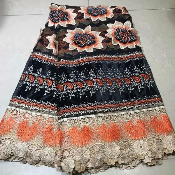 Kumaş Üst İsviçre Net Dantel Kadife Çiçekler Nakış Rhinestones ile 5 Yards Afrika Gipür Tissu Afriai Parti1