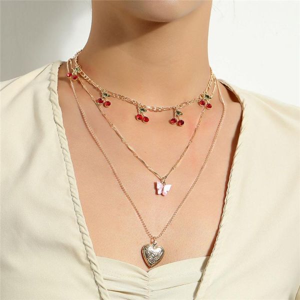 

chains bling rhinestone cherry heart pendant choker necklaces for women fashion butterfly thick chain multil necklace bijoux jewelry, Silver