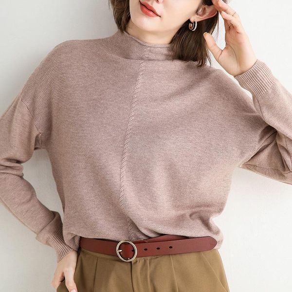 

2020 autumn and winter women's casual sweater new style with solid color half high neck curled hemming long sleeve sweater1, White;black