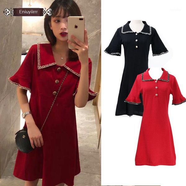 

cute mini dresses party date wear summer flare sleeve patchwork button casual little black red dress japan korea style women1, Black;gray