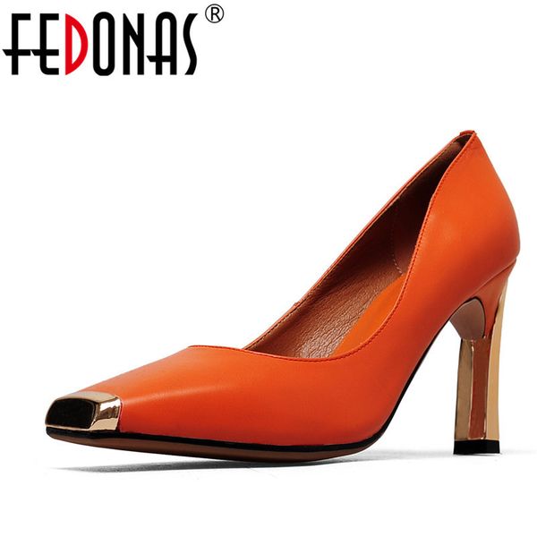 

fedonas 2020 new women shoes basic style fashion high heels metal square toe office & career shallow footwear women pumps y1215, Black