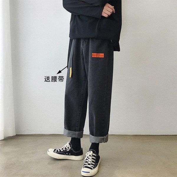 

men's jeans black loose printed letter pattern casual trousers cowboy straight-leg pants with belt hip-hop autumn winter, Blue