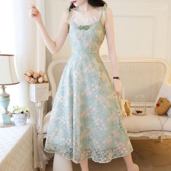 

casual dresses spaghetti strap women dress 2021 summer sleeveless strapless print embroidery mid calf party vestido1, Black;gray