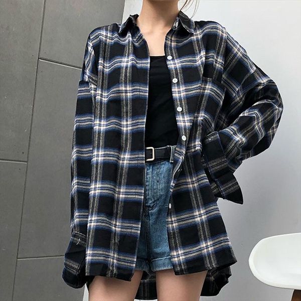 

autumn women long plaid blouse shirt casual korean style cotton long sleeve black female turn down collar, White