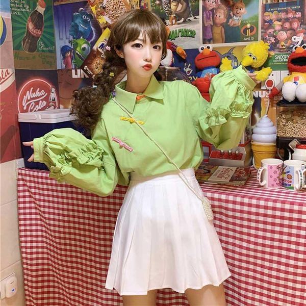 

women's blouses & shirts chinese style retro loose lantern long sleeve green button-down shirt female design sense loli sweet women blo, White
