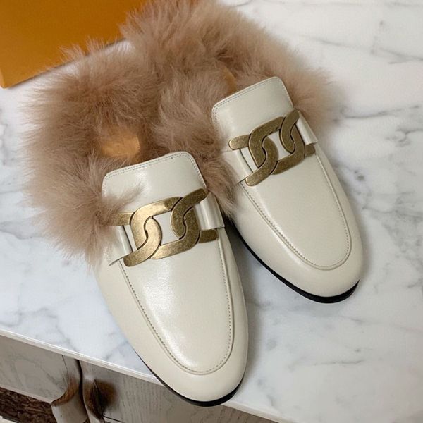 

2020 autumn and winter new round head flat bag head leather wild simmer metal semi-slip shoe wool trend women's shoes, Black