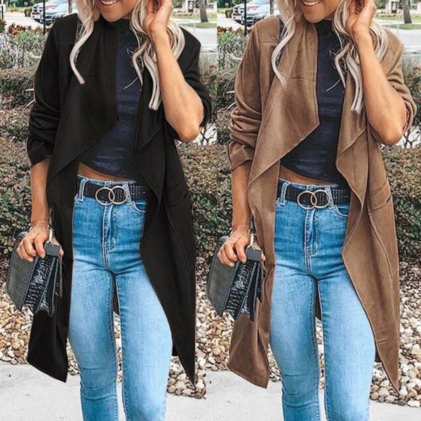 

fashion suede coat casual ladies loose cardigan solid pockets jacket coat streetwear female winter long sleeve womens outerwear, Black;brown