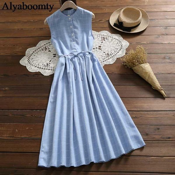

korean style summer women long sundress blue gray plaid casual vestidos femininos sleeveless lace up elegant vintage sweet dress1, Black;gray