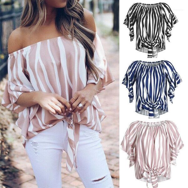 

fashion women off shoulder ruffles short sleeve striped bardot t-shirt ladies puff sleeve bow bandage blouse11, White