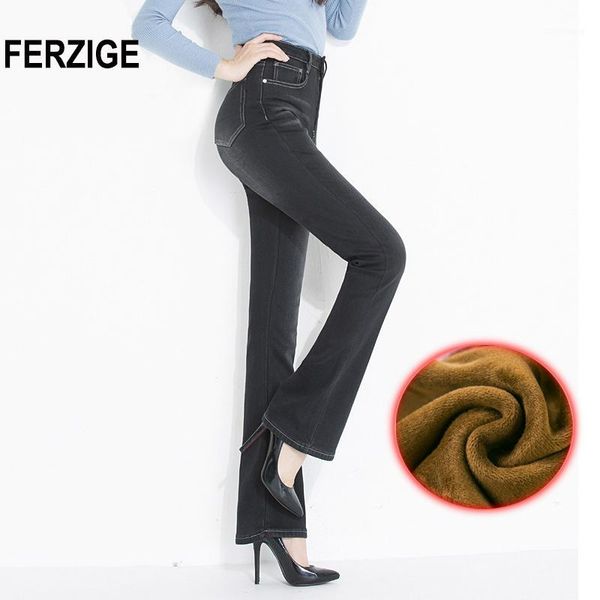 

ferzige jeans woman flare pants winter thicken warmer fleece high waist black stretch mom jeans women push up plus size 361, Blue