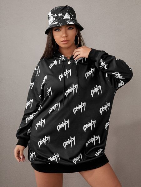 

plus letter graphic drop shoulder drawstring hoodie i8il#, Black
