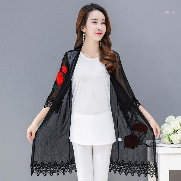 

women summer beach blouse kimono cardigan see through transparent plus size clothing lace floral embroidery jacket ah8911, Black;brown