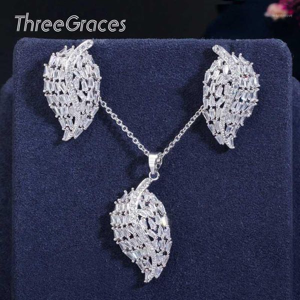 

ThreeGraces Elegant Cubic Zirconia Big Leaf Design Drop Pendant Necklace Earring Jewelry Set for Women Accessories JS0971, Silver