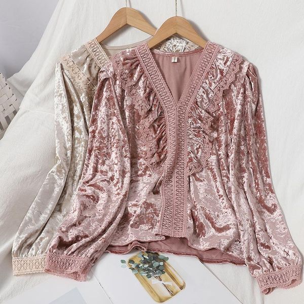 

autumn sweet lace ruffled v-neck shirt korean comfortable velvet vintage long sleeve womens plus size diamonds, White