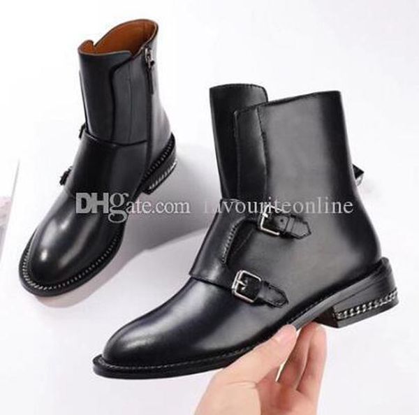 

the chain bottoms luxury new womens knight ankle motorcycle low heels shoes black zip cow leather boots size 35-40