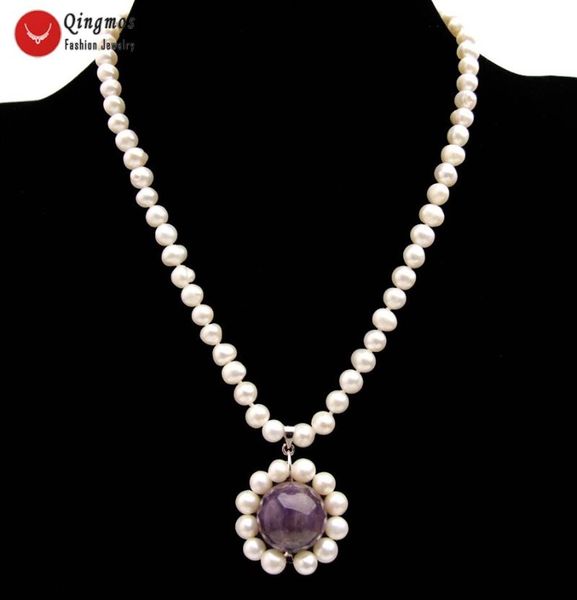 

pendant necklaces qingmos fashion natural pearl necklace for women with 6-7mm white & 18mm purple amethysts jewelry ne6526, Silver