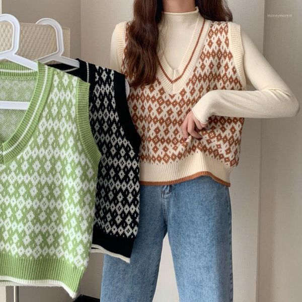 

women's sweaters plaid knitted vest sleeveless sweater female v neck green cropped argyle jumper for women 2021 fall winter korean prin, White;black