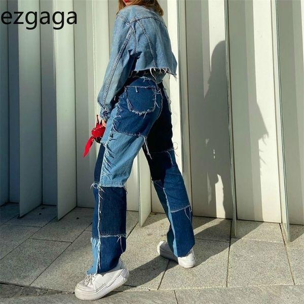 

ezgaga patchwork jeans women color block high waist tassel contrast trouser casual streetwear denim pants ladies pockets fashion 210203, Blue