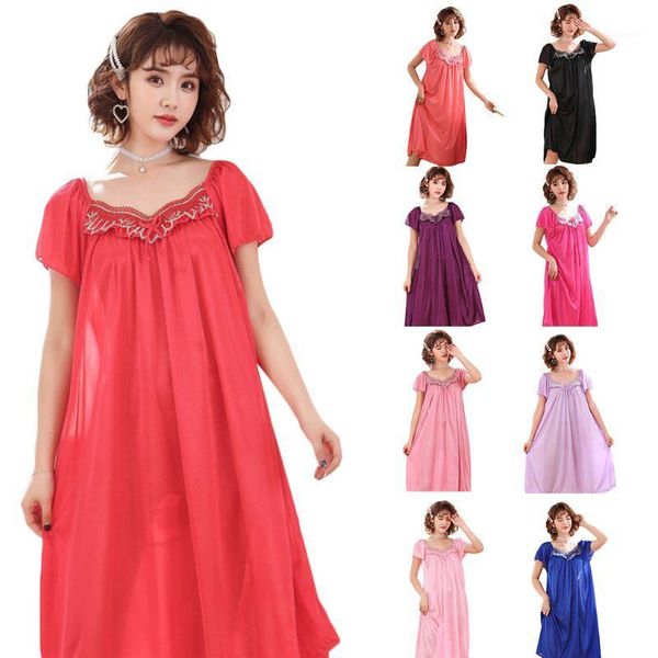

women plus size imitation silk loose nightdress short sleeve ruffles solid color nightgown bowknot lace mother sleepwear1, Black;red