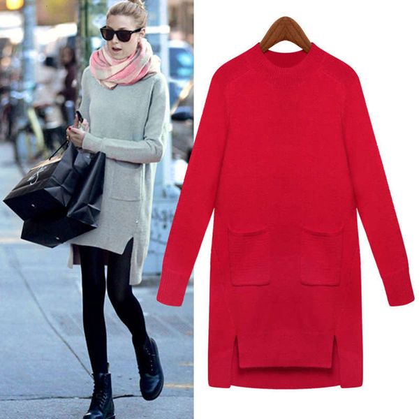 

long round neck 2020 sleeve autumn knitted hem irregular split sweater dress 8758, Black;gray