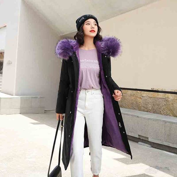 

2021 new new winter women collection jacket coat there hood with fur collar knee-length warm women parka long slim thick p26k, Black