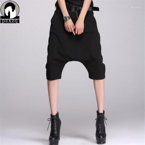 

2020 thin summer design women hip hop casual knee length loose mid waist elastic cotton harem black capri pants1, Black;white