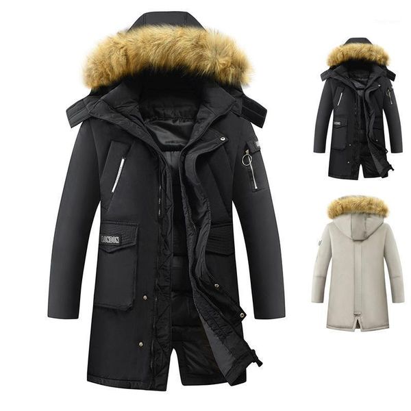 

winter men's thick warm parka fur collar medium length solid wind proof button zipper hooded solid casual male coat1, Black