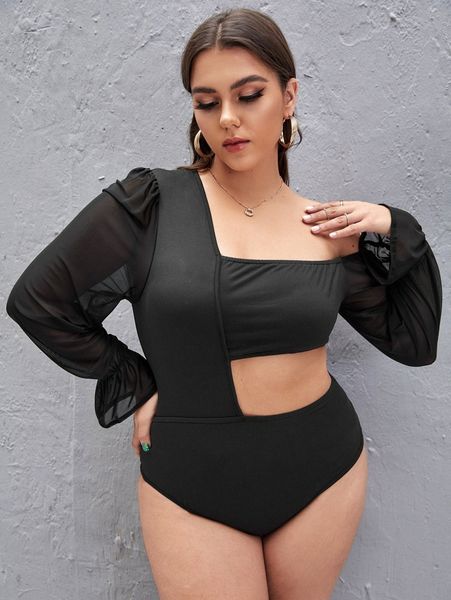 

plus asymmetrical ruffle cut out bodysuit e5vv#, Black