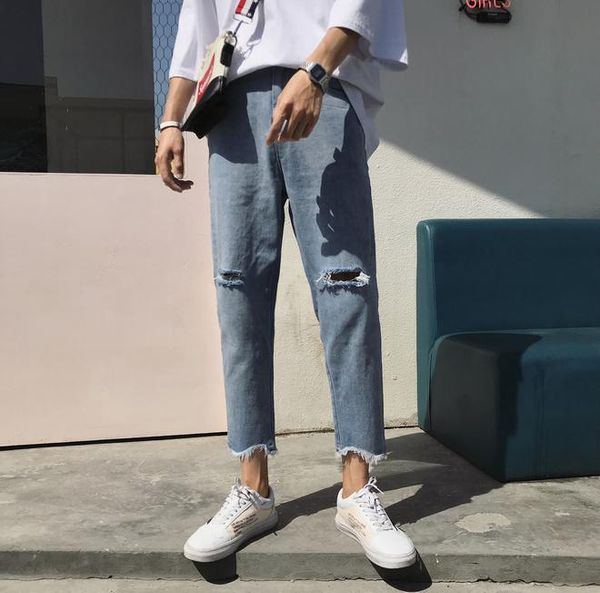 

male denim jeans trousers jeans for mens pants men pants new skinny men biker straight hip hop frayed hole, Blue