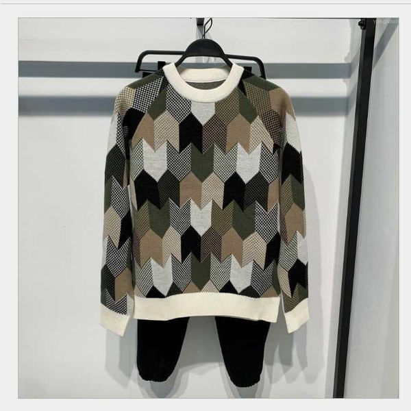 

autumn and winter new men's jacquard color matching casual warm fashion sweater pullover round neck1, White;black