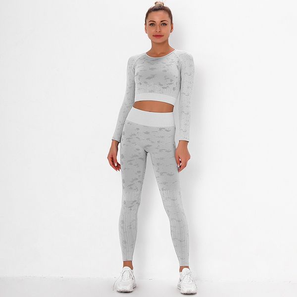 

women designers clothes 2020 seamless knitted camouflage jacquard yoga long sleeve suit striped fitness trousers suit, Gray