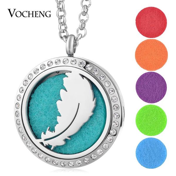 

pendant necklaces 10pcs/lot 316l stainless steel diffuser perfume locket necklace feather crystal magnetic with oil pads va-276*10, Silver