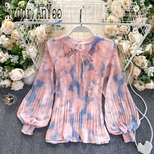 

spring autumn tie dye printed women's blouse pleated chiffon fashion elegant female shirt mujer aara woman 2020 loose blusas, White