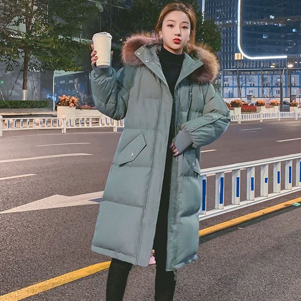 

2020 winter women's down cotton jacket oversized loose korean big fur collar long hooded female warm green wadded parkas casaco, Black