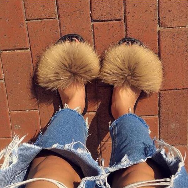 

fashion women slippers real fox fur slides home solid color fox fur flip flops ladies cute fluffy plush furry fur sandals y1202, Black