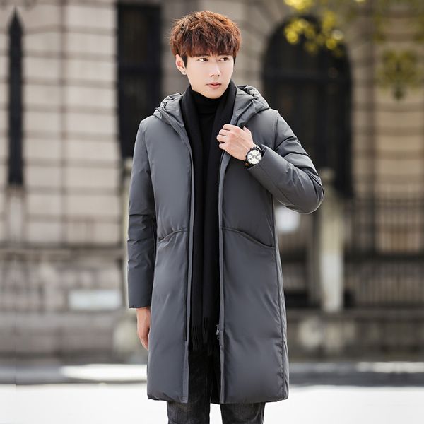 

new style mid-length youth warm hooded korean-style slim fit white duck down winter jacket men's, Black